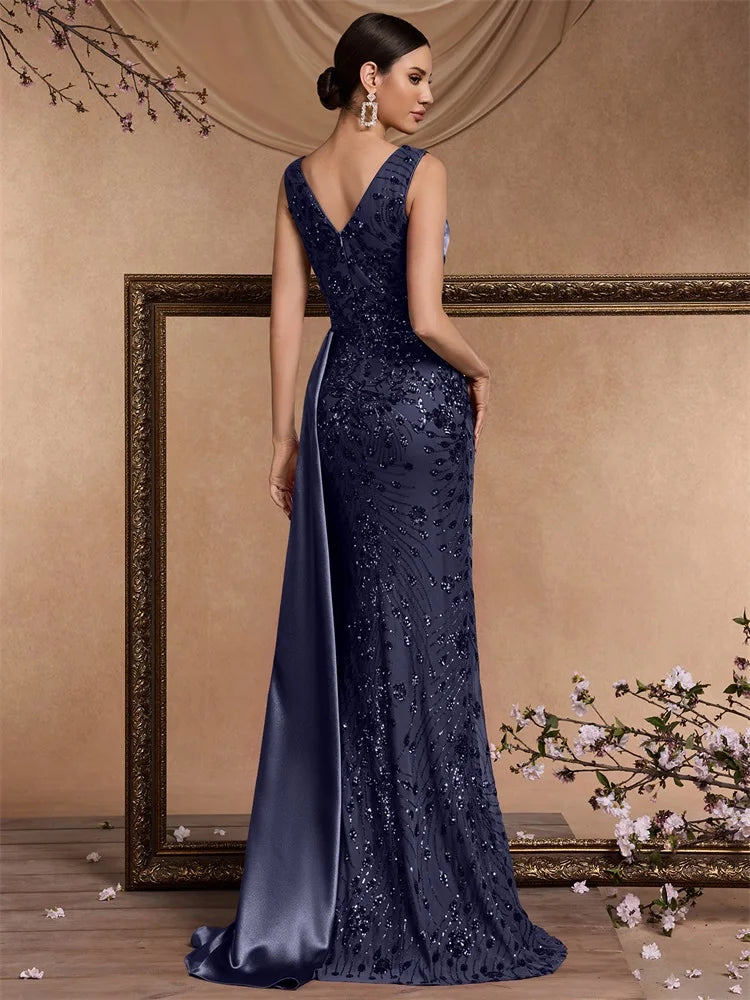 Puebla Elegant V Neck Splice Ribbons Sequins Sleeveless Mermaid Formal Dress
