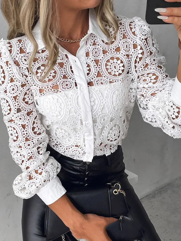 Lansdale Elegant Office White Shirt Long Sleeve Button Turn-down Collar Sexy Hollow Blouse