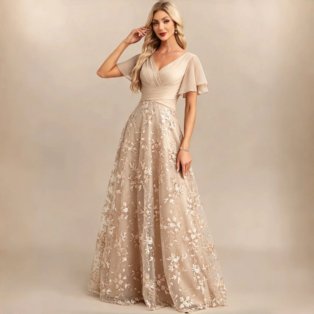 Neiba Dark Green V Neck Chiffon Flutter Sleeve Bridesmaid Ruched Waist Floral Sequin Dress