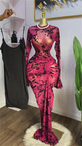 Peru Long Sleeve Stacked Mesh See Though with Lining Bodycon Long Dress