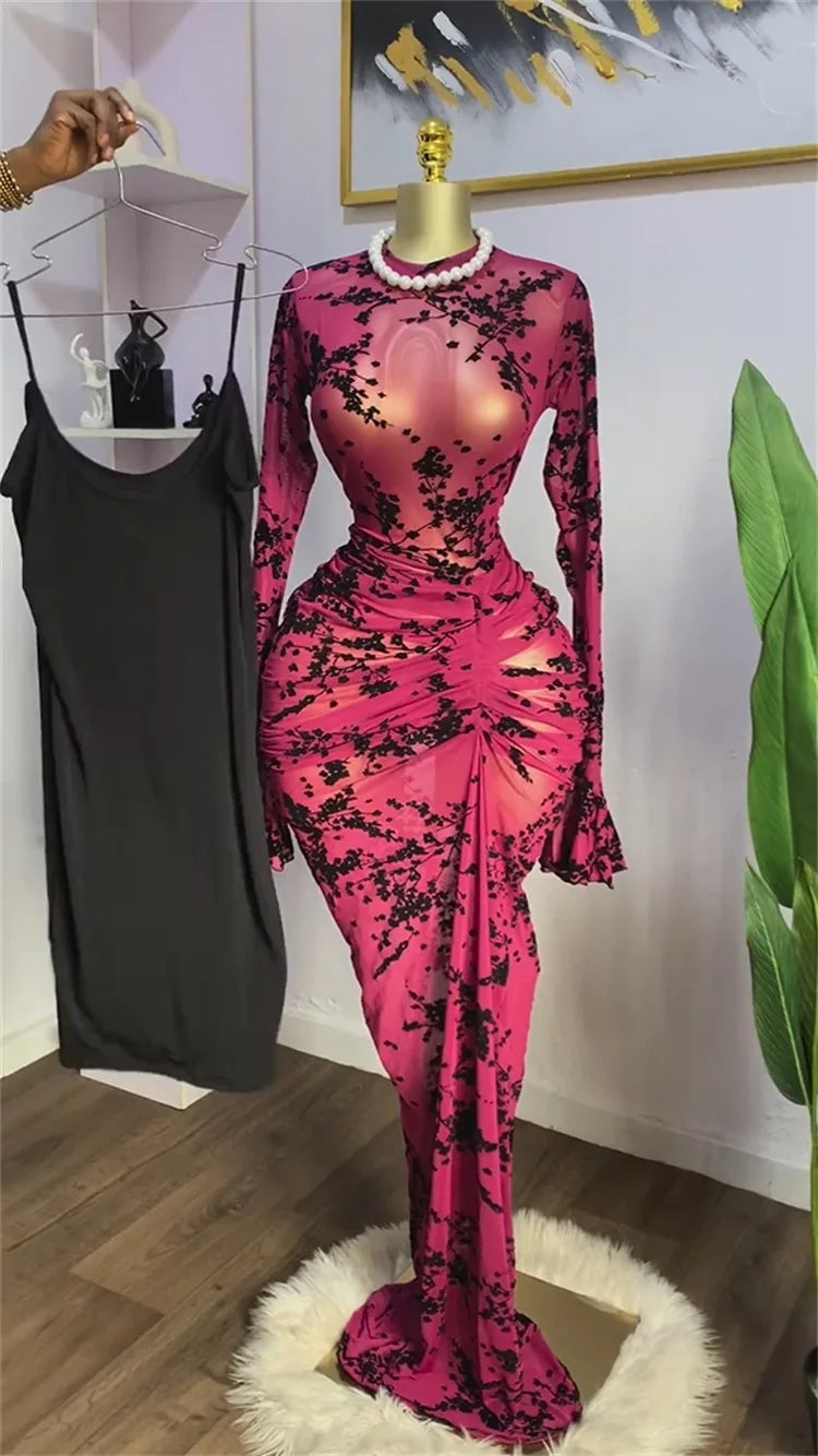 Peru Long Sleeve Stacked Mesh See Though with Lining Bodycon Long Dress