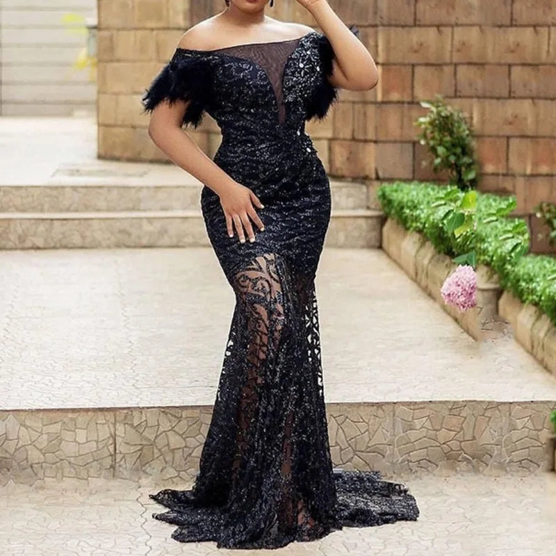 Syracuse One line Shoulder Sequin Slim Fit Bag Hip Mermaid Evening Dress