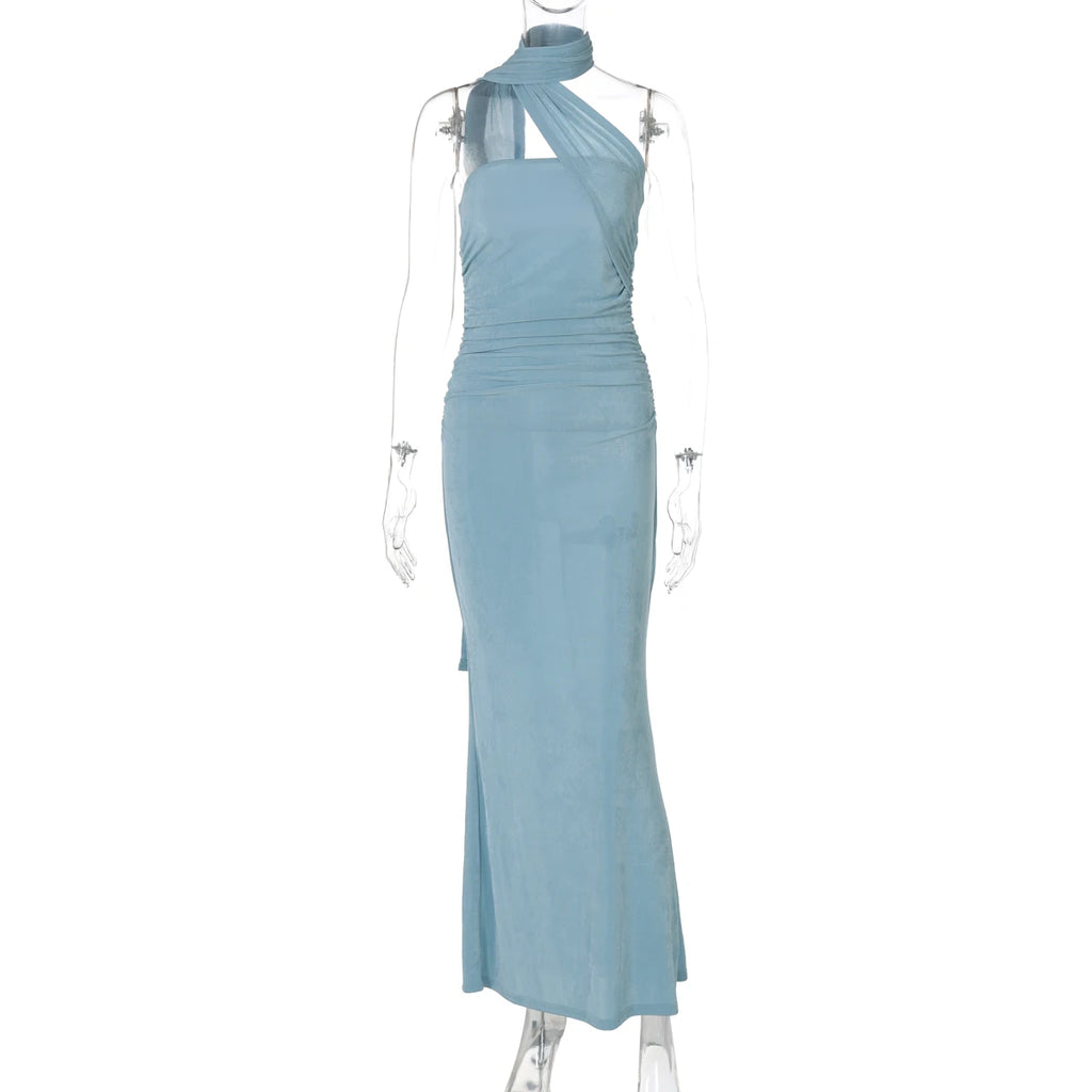 Chicago Halter Solid Sleeveless Backless Ruched Sexy Bodycon Maxi Prom Dress