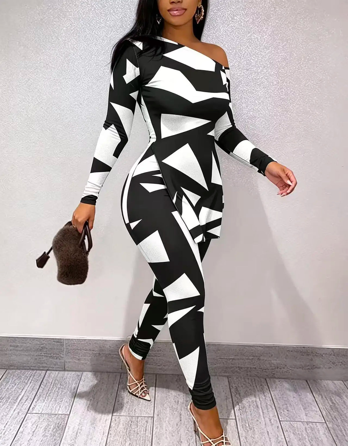 Ana Plus size Geometric Print One-Shoulder Two-Piece Sets