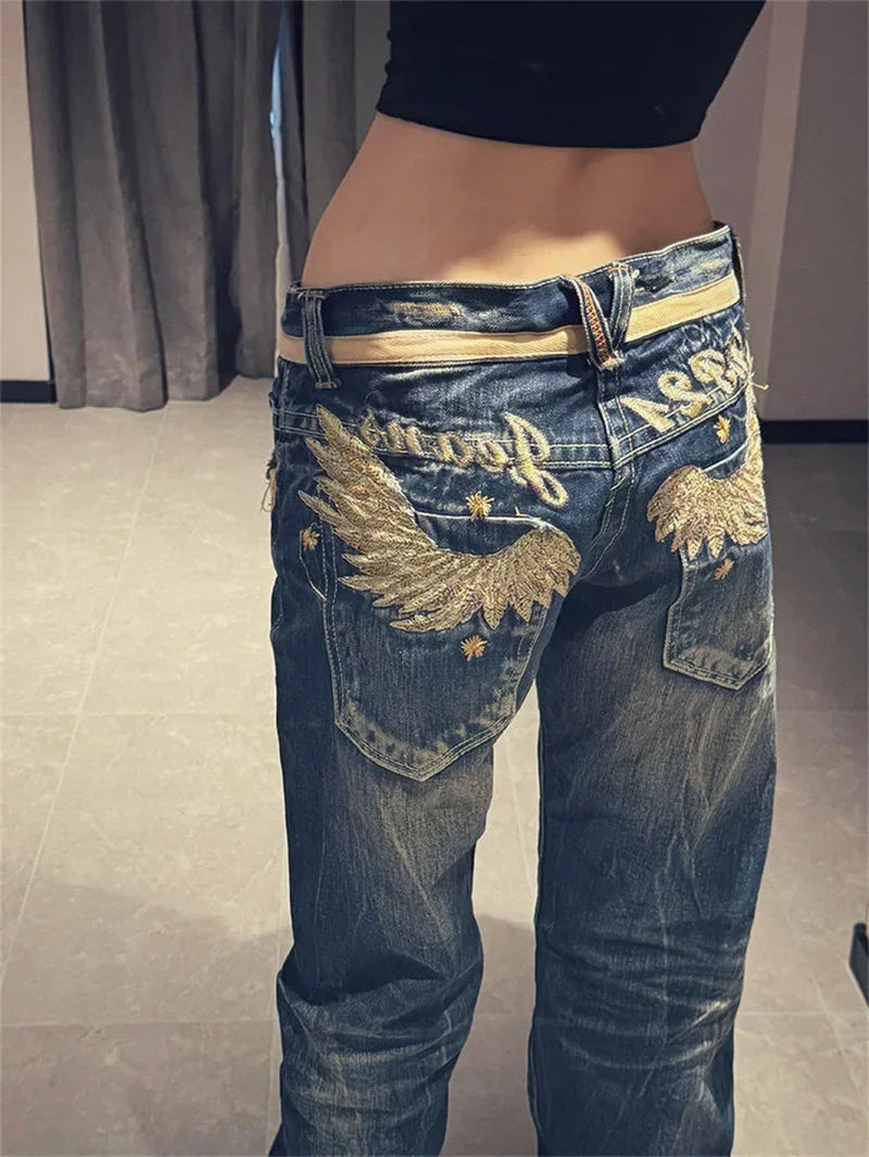 Marmora Gold Wing Embroidered Design Sense Low Waist Micro Flared Jeans