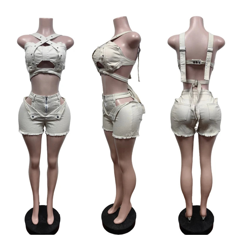 Temblant Straps Crop Cut Out Clothes Streetwear Two Piece Club Outfits Set