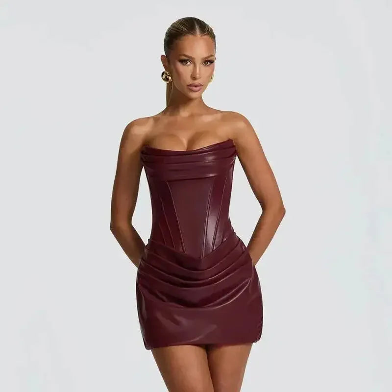 Ronkonkoma PU Pleated Sleeveless Strapless Pleated Party Dress