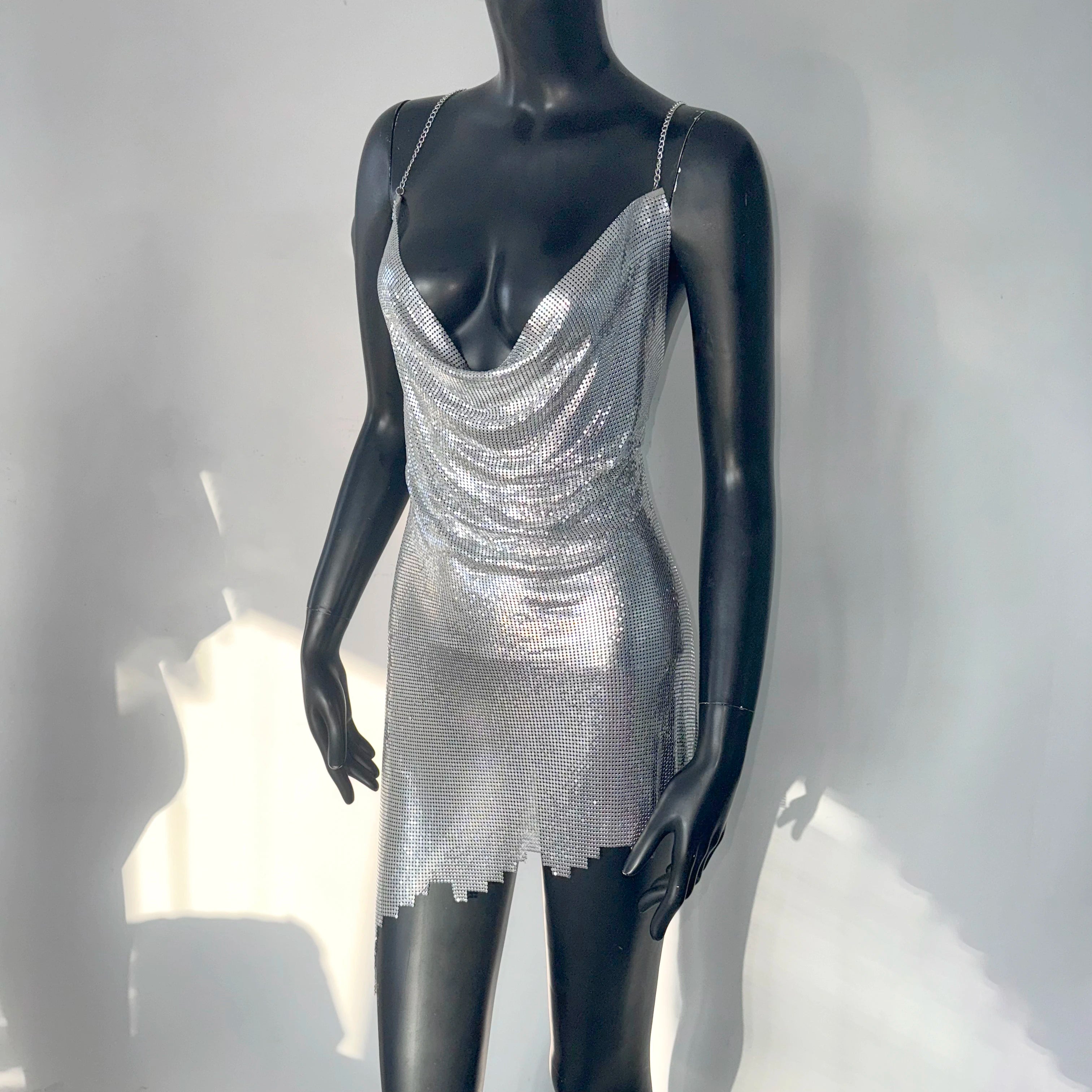 Mount Kisco Metal Sequins Backless Halter Neck V Neck Mini Dress