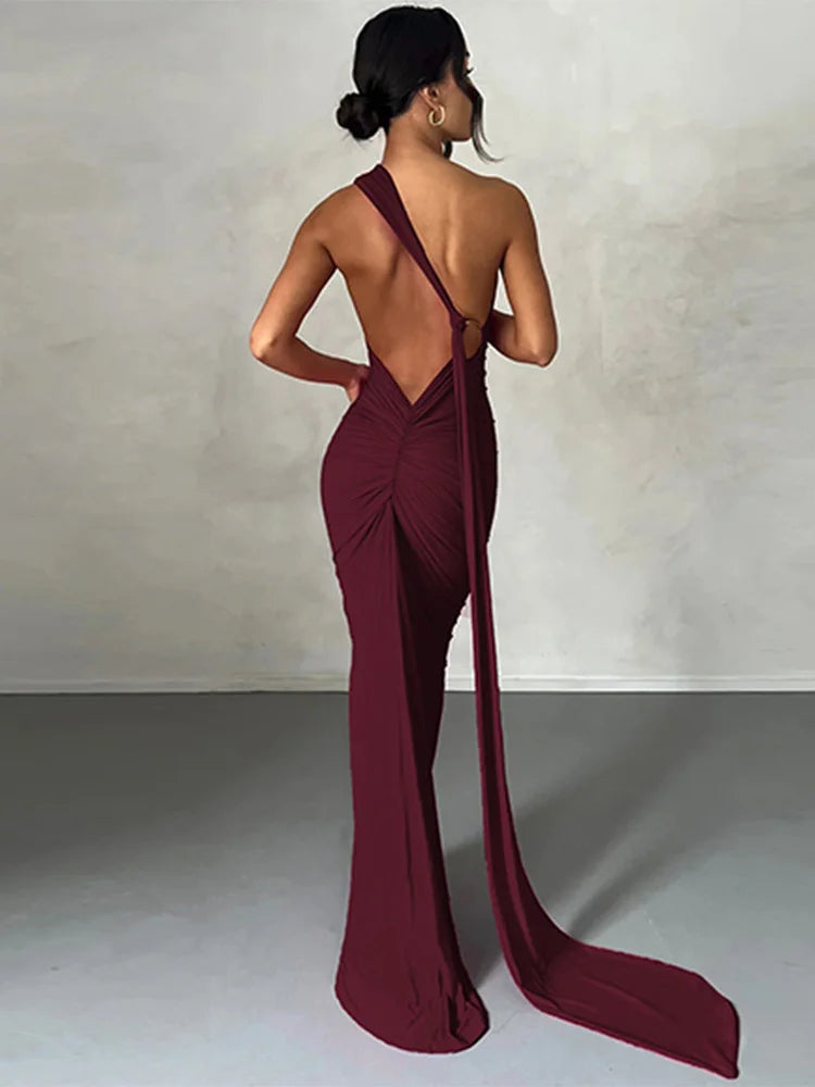Jefferson One Shoulder Sleeveless Backless Ruched Bodycon Maxi Dress