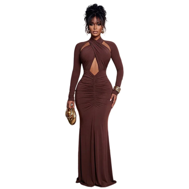 Bedford Turtleneck Hollow Out Chest Wrapped Long Sleeve Pleated Bodycon Long Dress