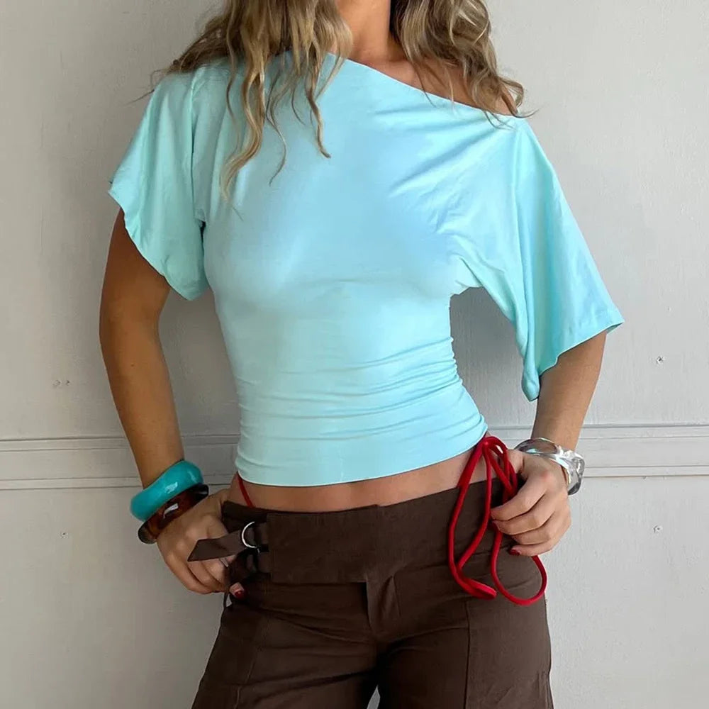 Weequahic One Shoulder Fashion Slim Shrink Sleeve Solid Pullover Tops