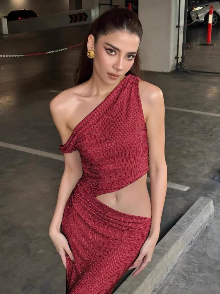 Brookhaven One Shoulder Exposed Waist Diamonds Long Dress
