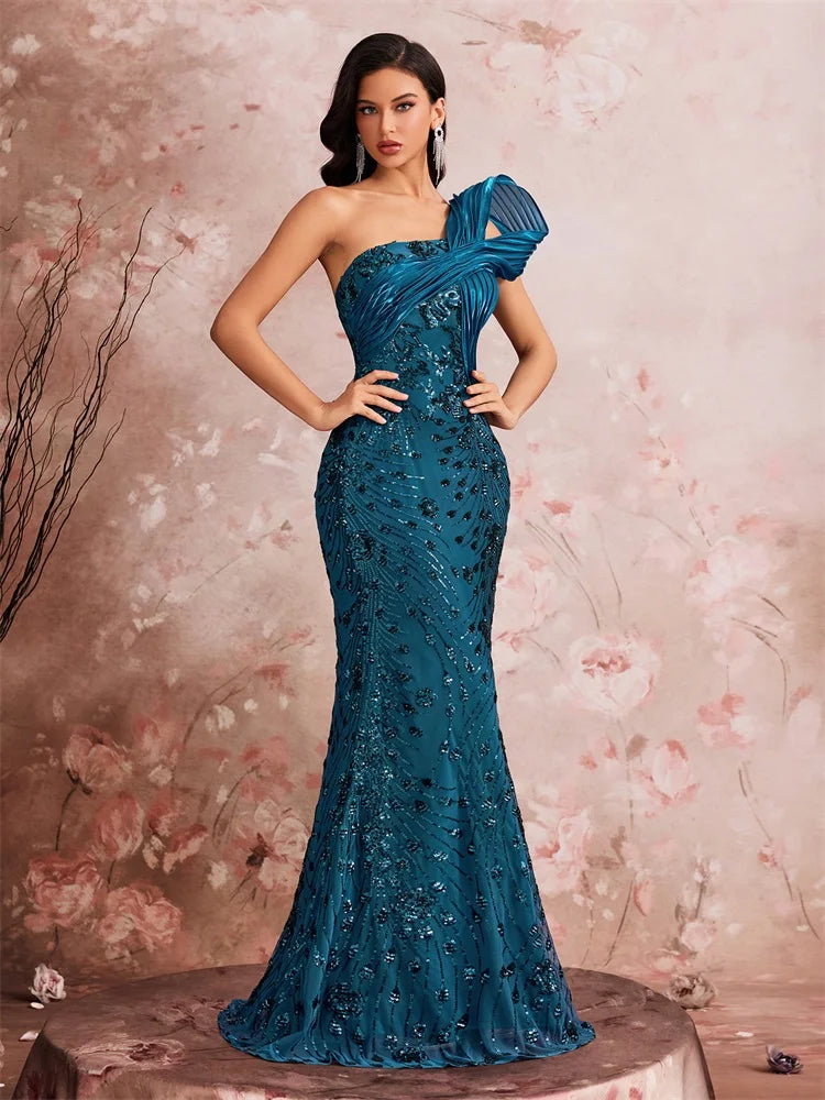 Pocono Luxury Slanted Shoulder Sequins Maxi Evening Dresses