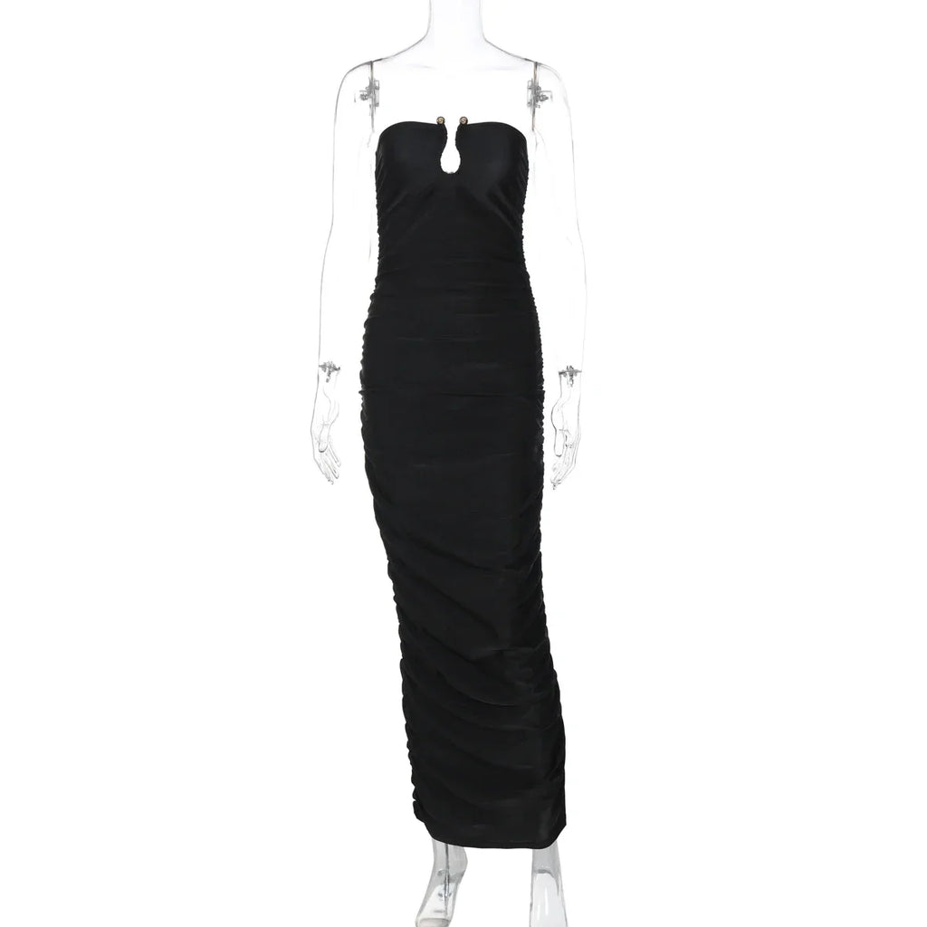 Greenville Sleeveless Strapless Pleated With Button Elegant Long Maxi Dress