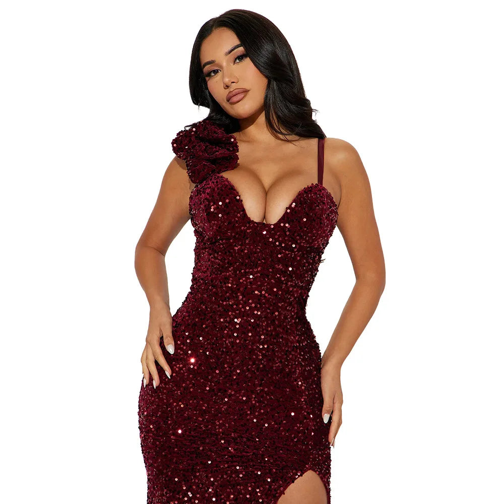 Bayone Sexy Sequins Solid Sexy Slim Fit Evening High Waist Elegant Lady Sleeveless Split Dress