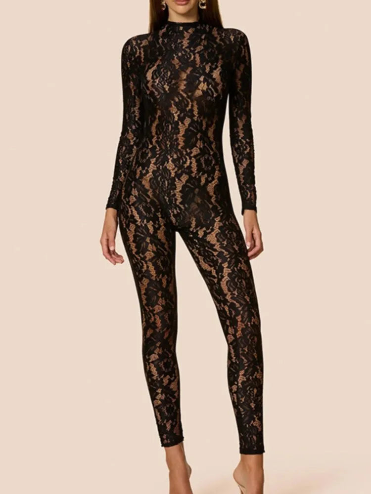 New Lots Sexy Lace Transparent Tight Long Sleeved Zipper Jumpsuit
