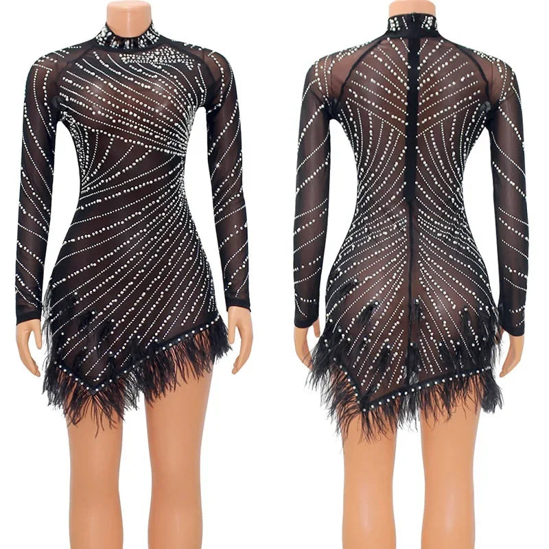 Whippany Pearls Rhinestone Party Elegance Nightclub Feather Mini Dress