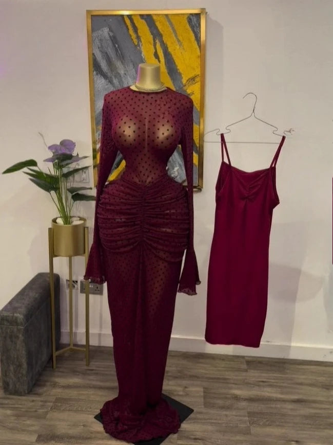 Peru Long Sleeve Stacked Mesh See Though with Lining Bodycon Long Dress