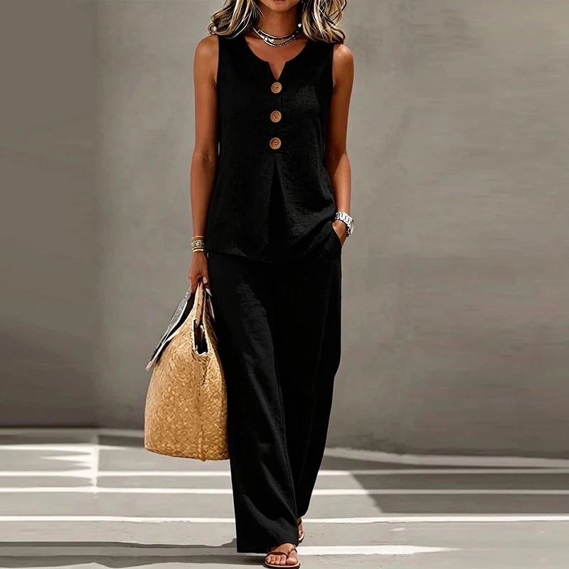 Merida Summer Sleeveless V Neck Button Two Piece Sets
