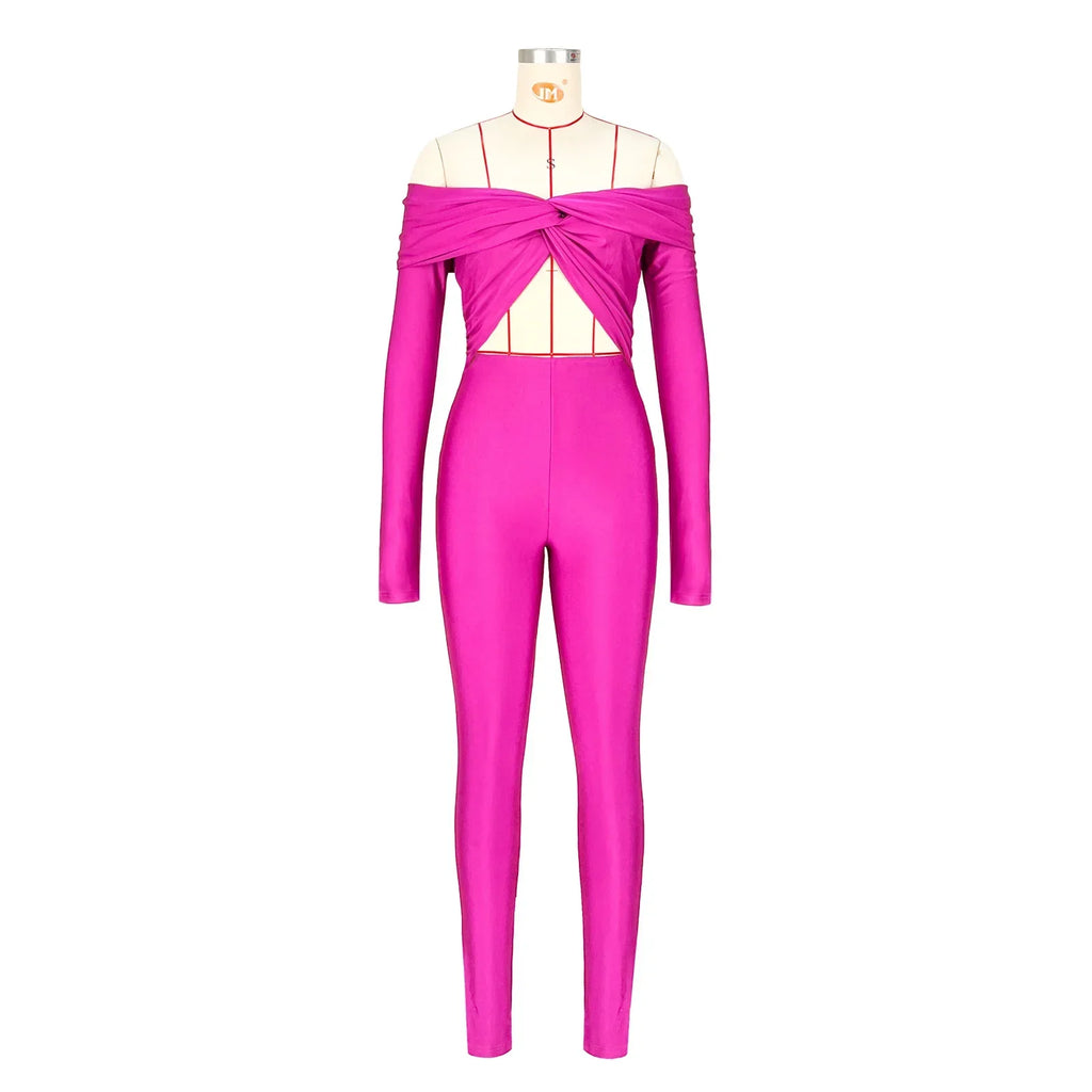 Oneida Hollow Out Sexy Party Clubwear Long Sleeve Slash Neck Crop Jumpsuits