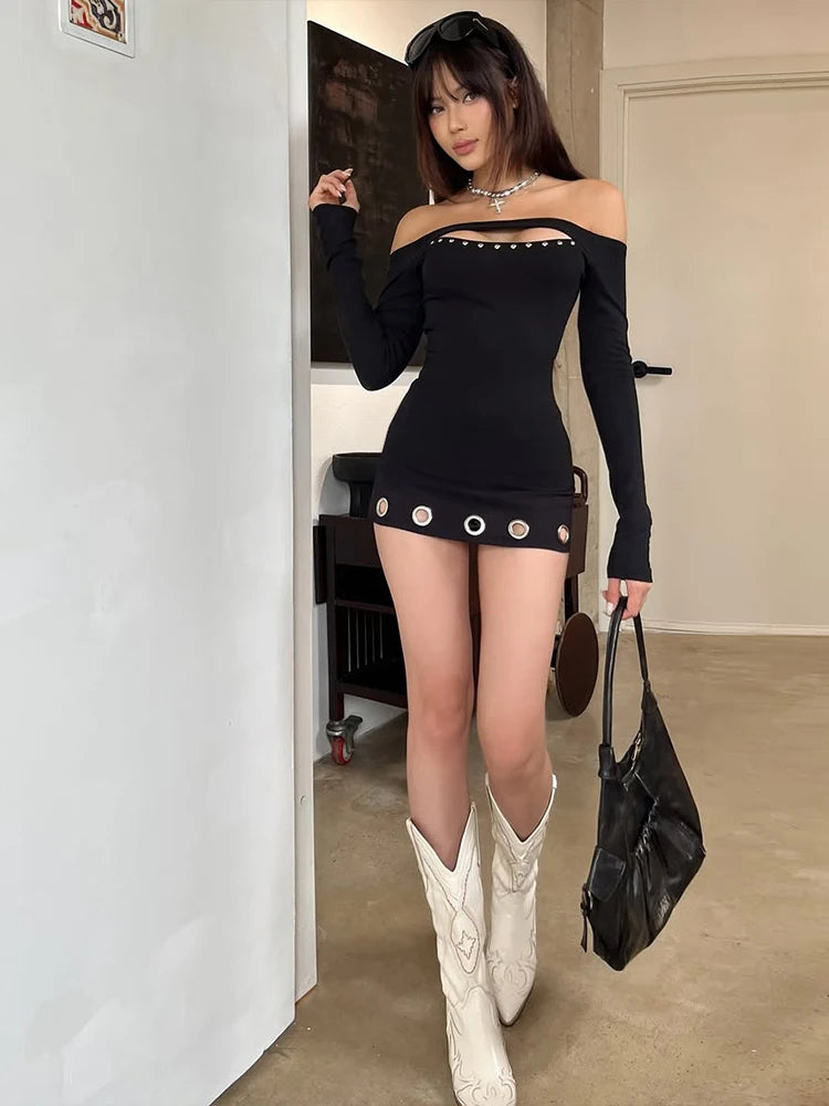 Fords Rivet Metal Hollow Sexy Slash Neck Patchwork Full Sleeve Basic Bodycon Dress