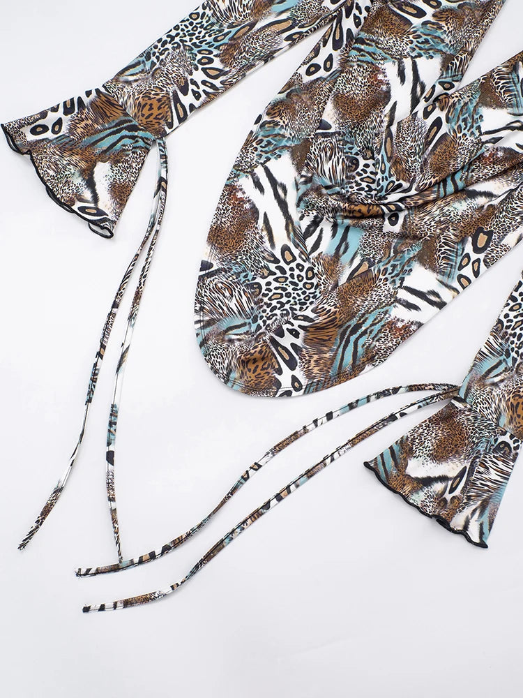 Chinatown Swing Collar Shirring Bell Sleeve Backless Sexy Stretch Leopard Print Suit