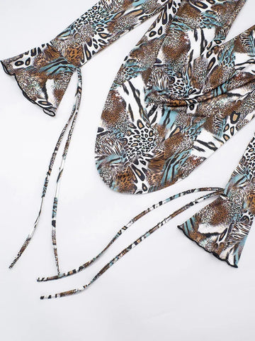 Chinatown Swing Collar Shirring Bell Sleeve Backless Sexy Stretch Leopard Print Suit