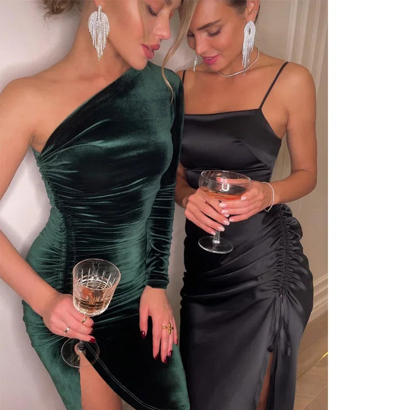Westerleigh Elegant Long Sleeve Party Evening Velvet Bodycon Split Pencil Midi Dress