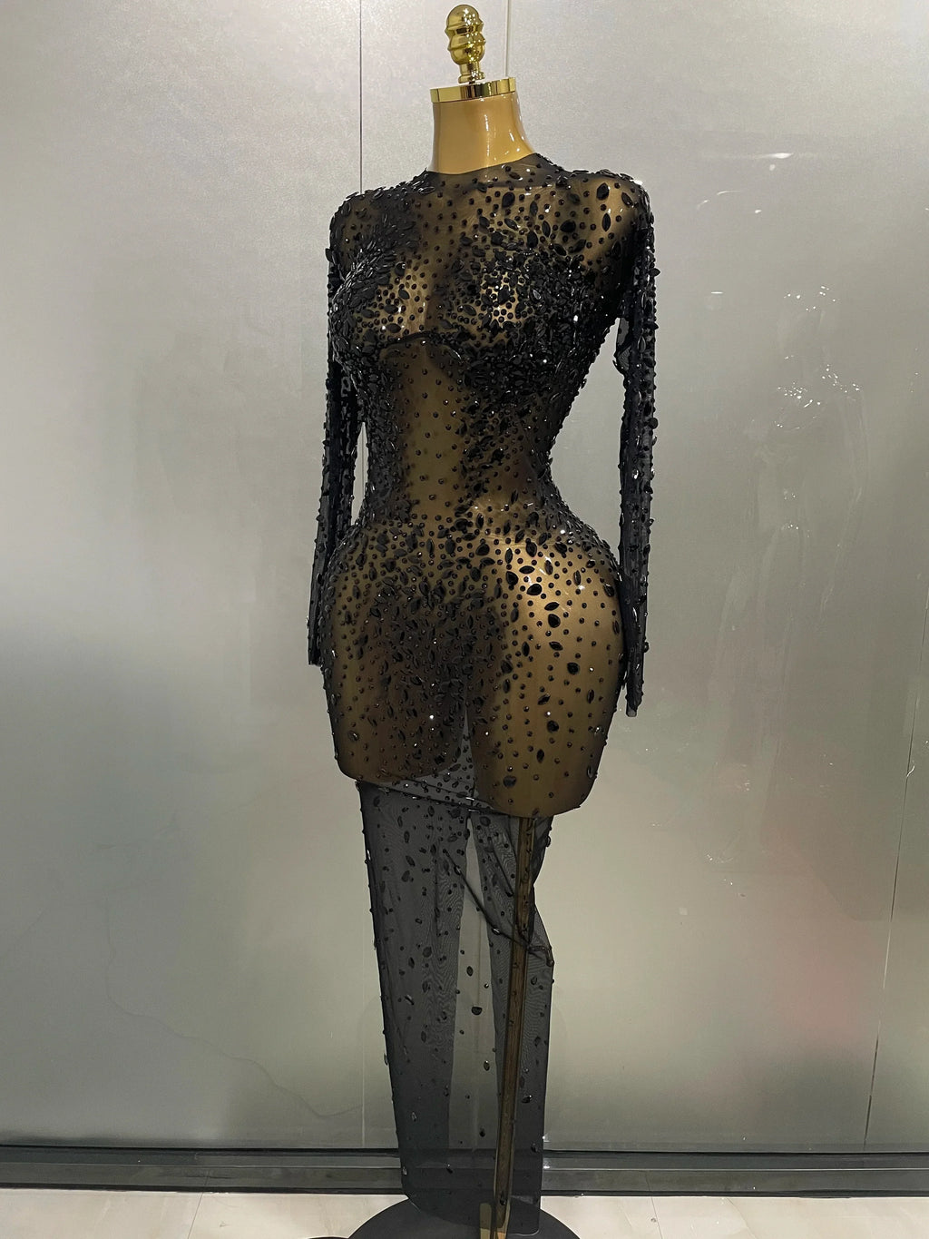 Cumberland Shinny Rhinestone Stretch Mesh Transparent Long Dress