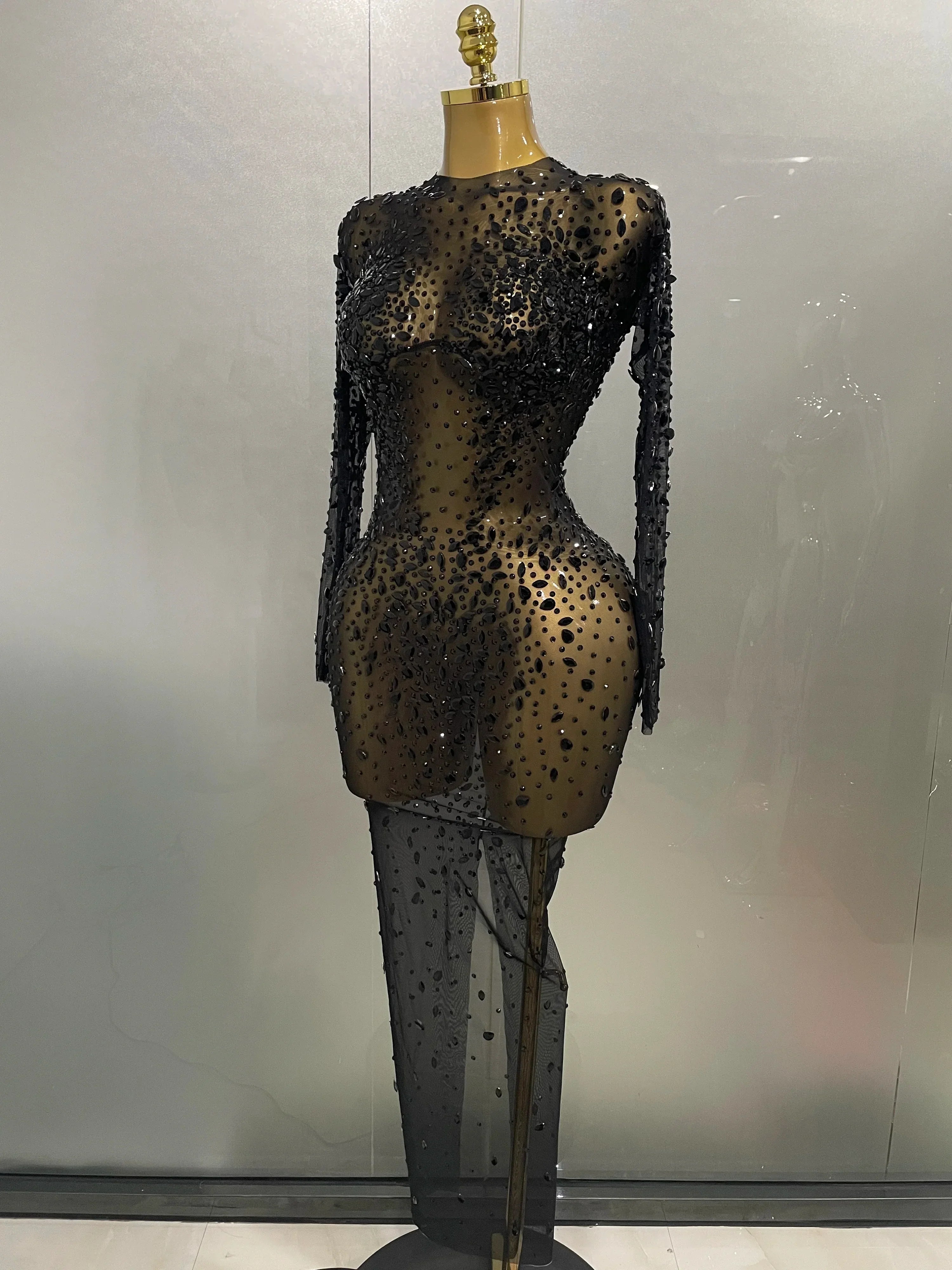 Cumberland Shinny Rhinestone Stretch Mesh Transparent Long Dress