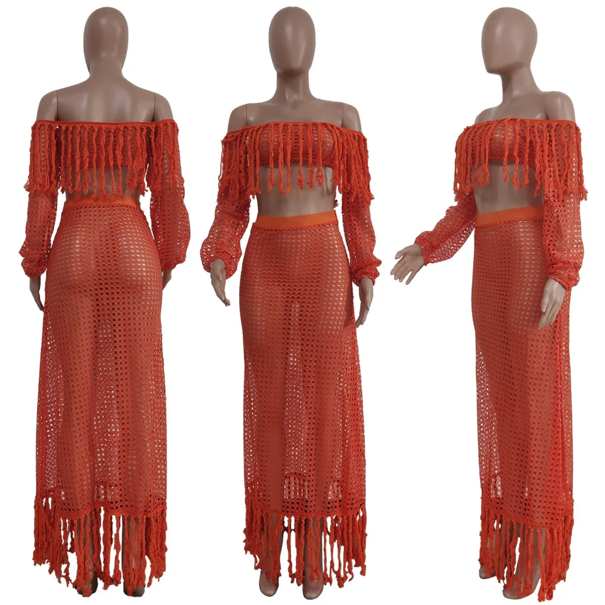 Off Shoulder Tassel Hollow Out Beach Set