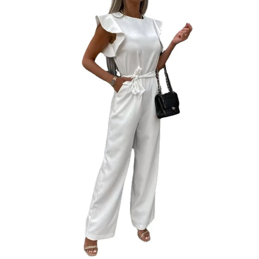 Jumpsuit with Lace Up High Waist Elegant Women's Solid Color Straight Tube Fashionable Ruffle Edge Sleeves Dating Jumpsuit