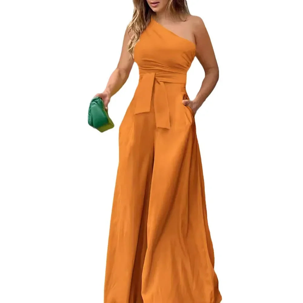 Boardman Solid Color Lace-up Irregular Off-The-Shoulder Casual High Waist Wide Jumpsuit