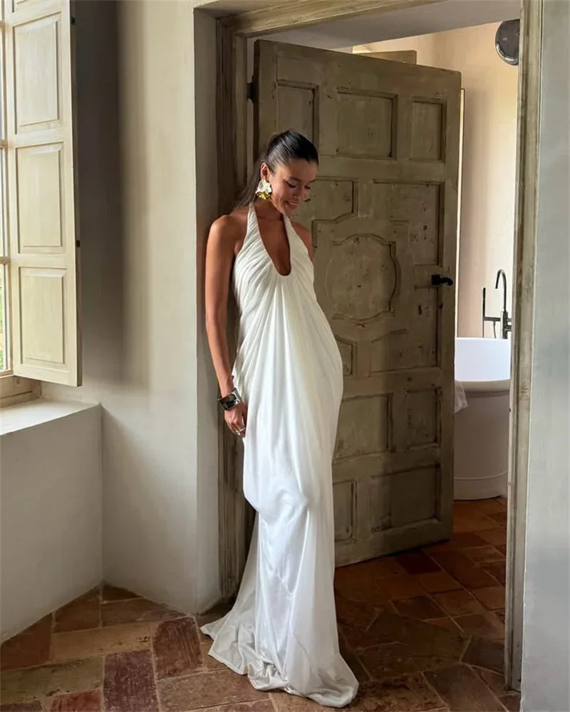 Elkins Mesh Halter Backless Sexy Gown Fashion Elegant V Neck Sleeveless Maxi Dress