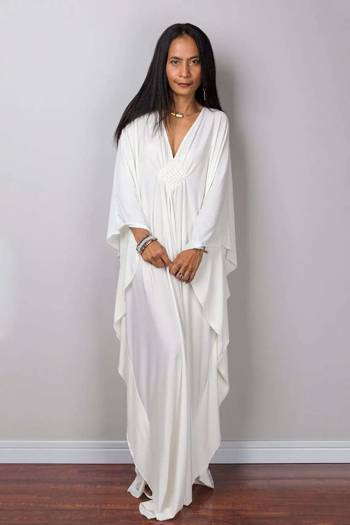 Plaza Plus Size Caftan Solid Color Plus Size Beach V Neck Cover Up Loose Soft Kaftan Dress