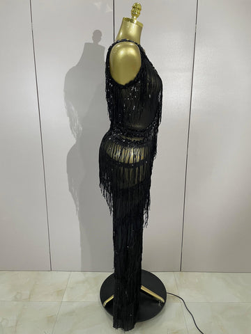 Watkin Glen Sparkly Black Rhinestones Sequined Fringe jumpsuit