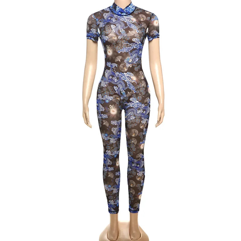Auburn Hollow Out Playsuits Female Nightout Fashion Mesh Thin Sheer Jumpsuits