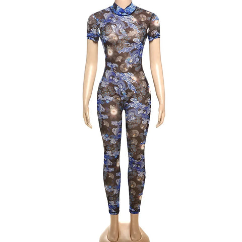 Auburn Hollow Out Playsuits Female Nightout Fashion Mesh Thin Sheer Jumpsuits