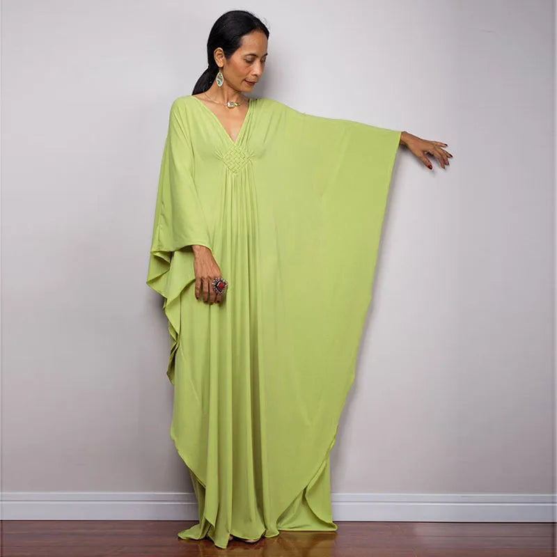 Plaza Plus Size Caftan Solid Color Plus Size Beach V Neck Cover Up Loose Soft Kaftan Dress