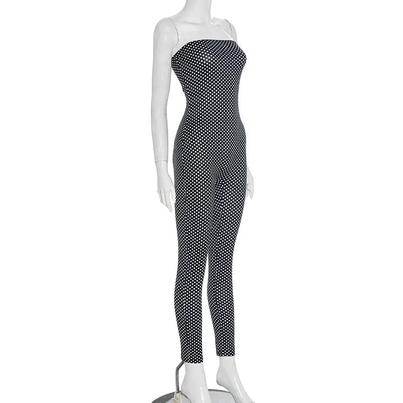 Cobble hill Polka Dot Print Strapless Skinny Midnight Tight Stretch Workout Activity Jumpsuit