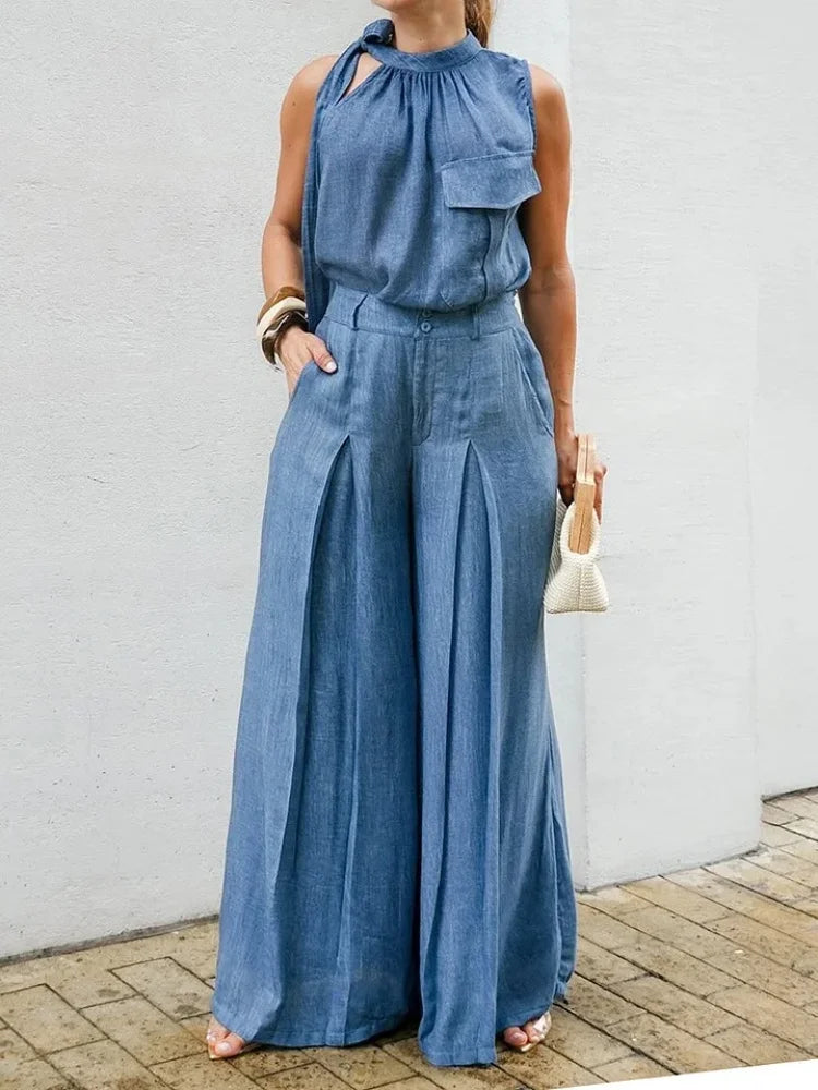 Jumeiry High Waist Pleated Wide Leg Two Piece Sets