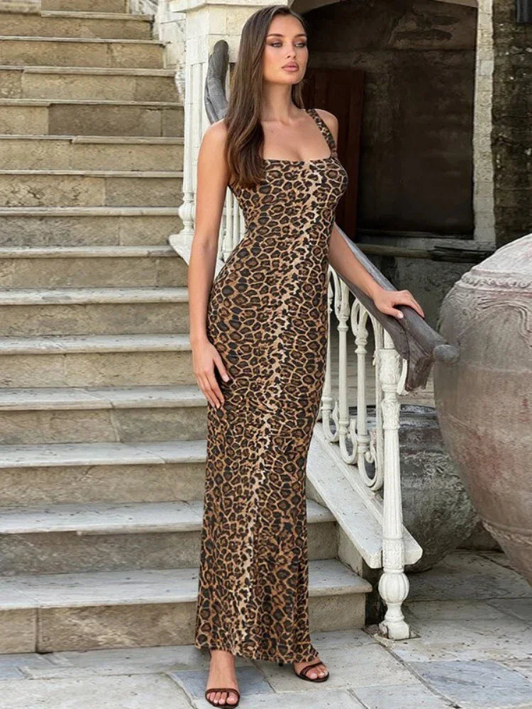 Bath Beach Elegant Square Collar Sleeveless Bodycon Split Leopard Print Long Party Dress