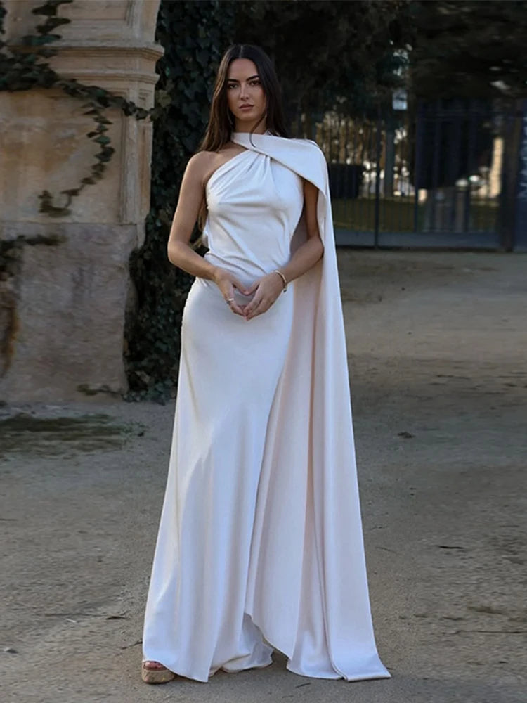 Califon Sexy Satin Ribbon Party Elegant Halter Backless Off Shoulder Sleeveless Maxi Dress