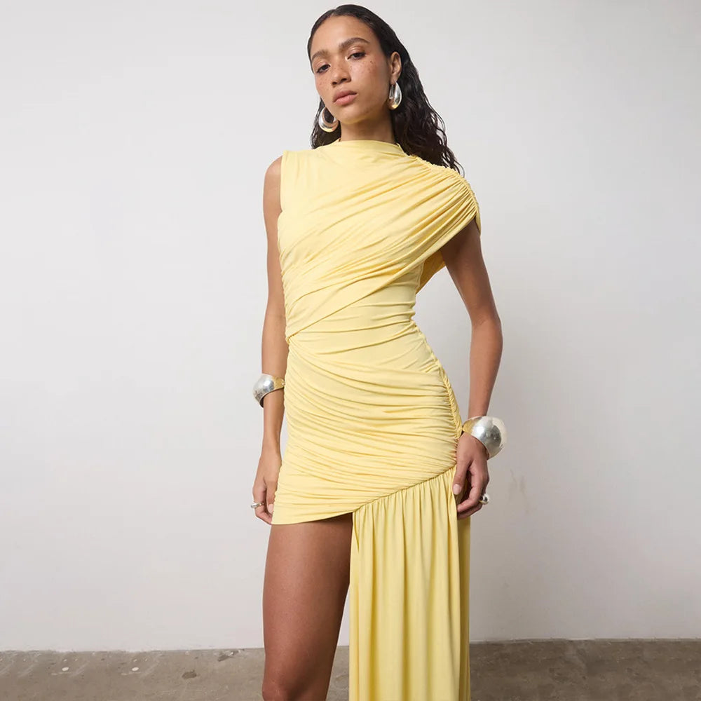 Aspen Knolls Ruched Sexy Solid Color Elegant Turtleneck Sleeveless Asymmetric Dress