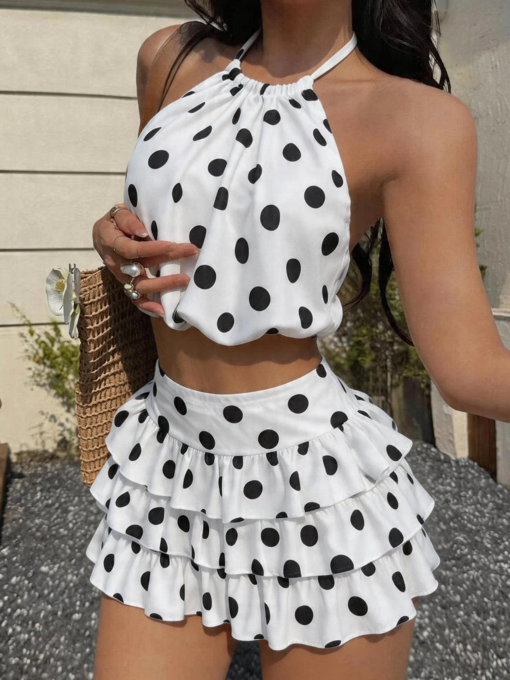 Dora Elegant Polka Dot Print Off-Shoulder Two-Piece Sets