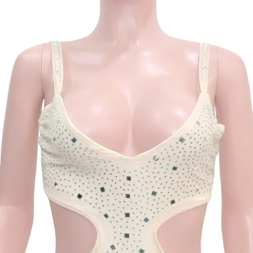 Gramercy Park Fashion Sexy Mesh Perspective Hot Drill Sleeveless Halter Jumpsuit