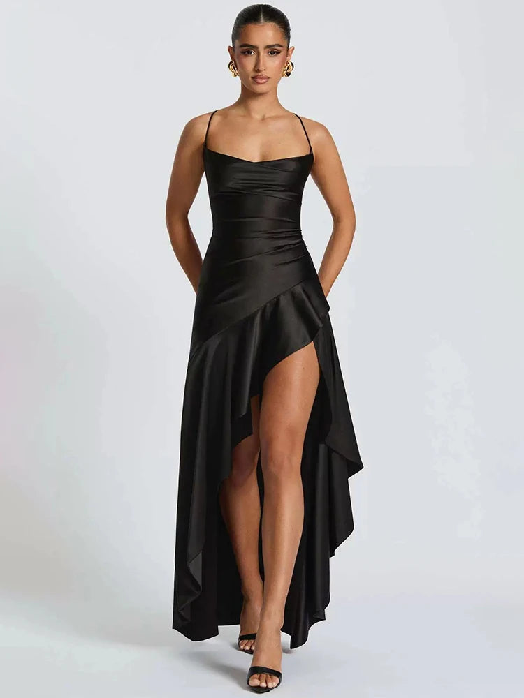 Haverstraw Satin Spaghetti Strap Ruffle Sexy Off-shoulder Sleeveless Backless Maxi Dress