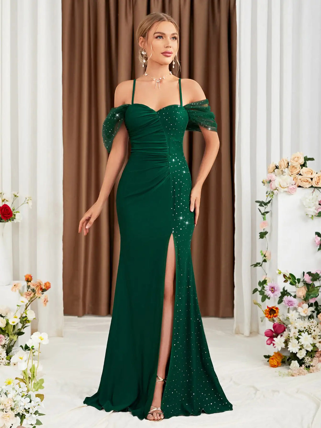 Habana Bridesmaid Sequined Adult One Side Slip Maxi Dress
