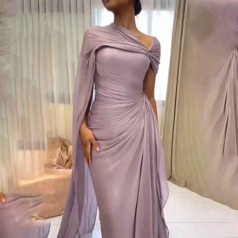 Mountainside Elegant One Shoulder Evening with Draped Cape Arabic Dress