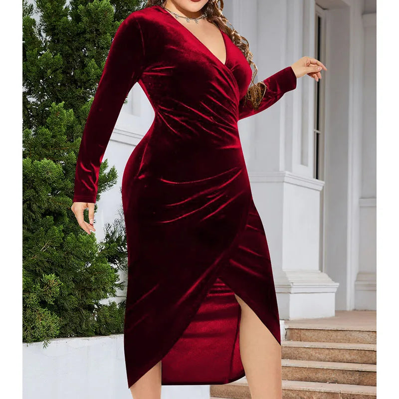 Asbury Park Elegant Velvet Plus Size Bodycon Sexy Wrapped V-Neck Long Sleeve Midi Dress